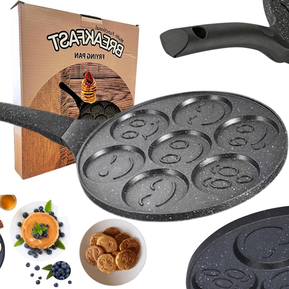 Pannenkoekenpan met 7 Gaten - Eierpan Smiley - Leuk Ontbijt Maken - 7 Emoticons Tegelijk - 26 cm - Grijs