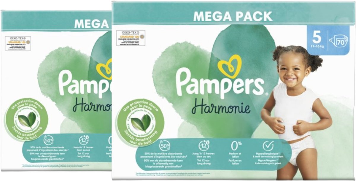 Pampers Harmonie luiers - Maat 5 - 140 stuks (2 x 70) - 11-16 KG - Hypoallergeen & dermatologisch getest - 0% parfum en lotion - Tot 12 uur droogheid