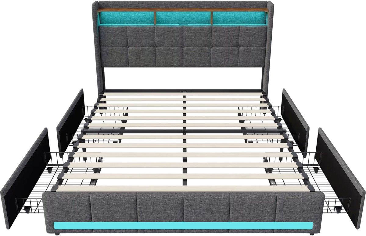 Happiq Gestoffeerd Tweepersoonsbed Grijs - LED - 140 x 190 Cm - Bed met 4 Opberglades, Hoofdbord met Opbergruimte - voor Slaapkamer Volwassenen Koppels