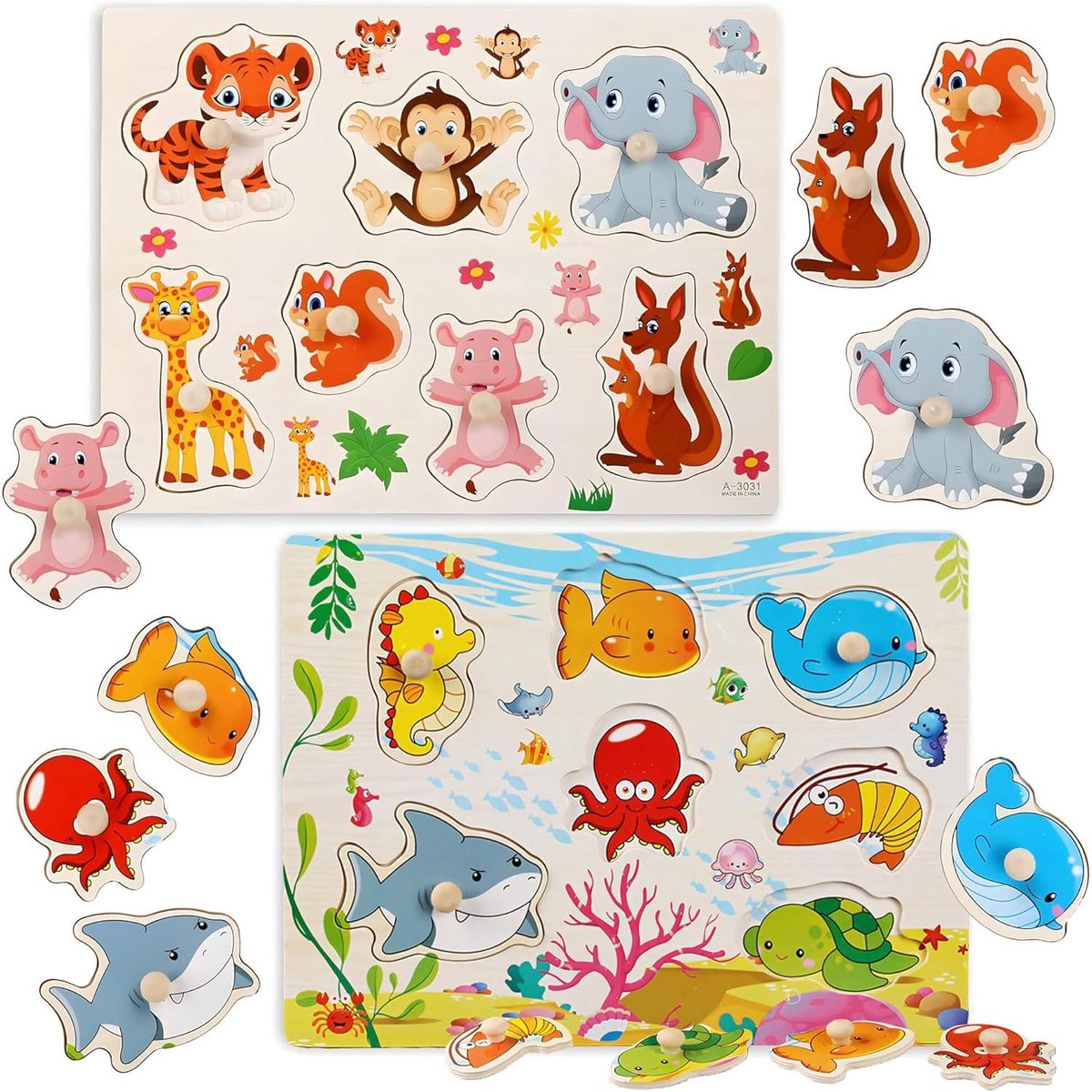 2 sets houten puzzels voor kinderen vanaf 1 jaar, educatief speelgoed en motorische ontwikkeling