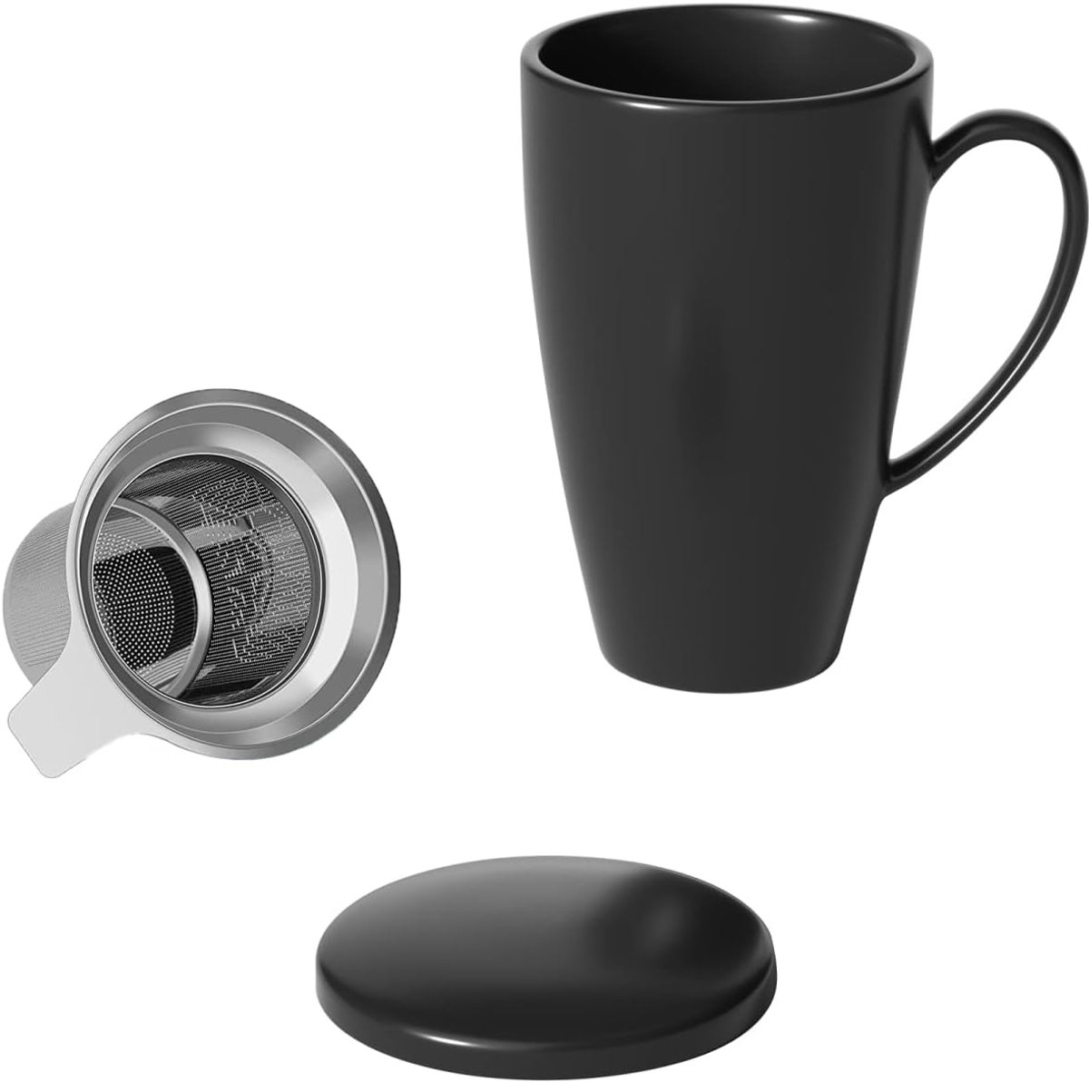 Multifunctionele porseleinen koffiekop theemok met deksel en thee-ei in Zwart met een inhoud van 350 ml - Voor heerlijk koffie- en theeplezier wanneer u maar wilt