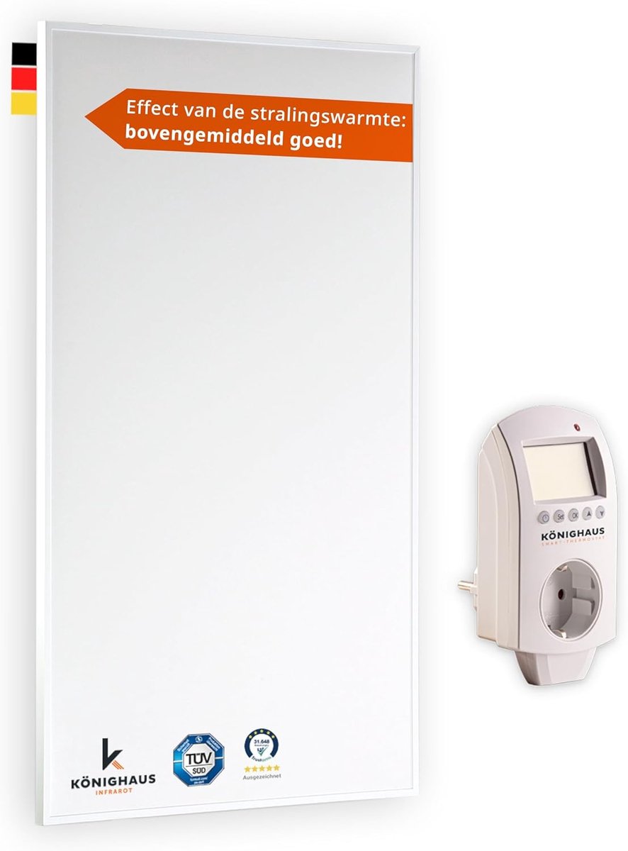SnelShoppen - Infraroodverwarming 1000 Watt met TÜV Zuid 5 jaar garantie, dubbel oververhittingsbeveiliging, wandmontage, inclusief slimme thermostaat