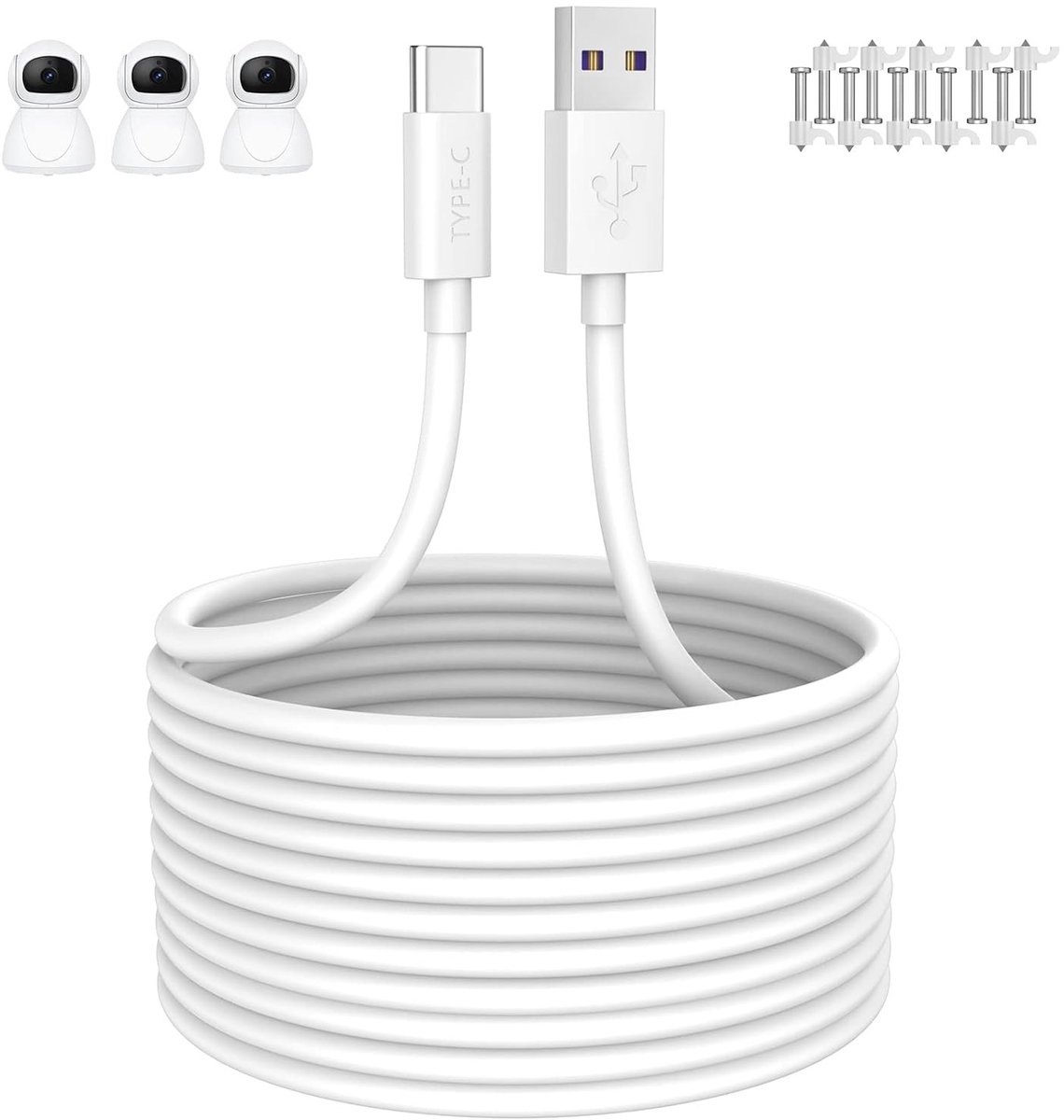5m USB C Kabel voor Snelladen, Geschikt voor 2K Beveiligingscamera's, Draadloze Buitenbeveiligingscamera's en Type C Opladen