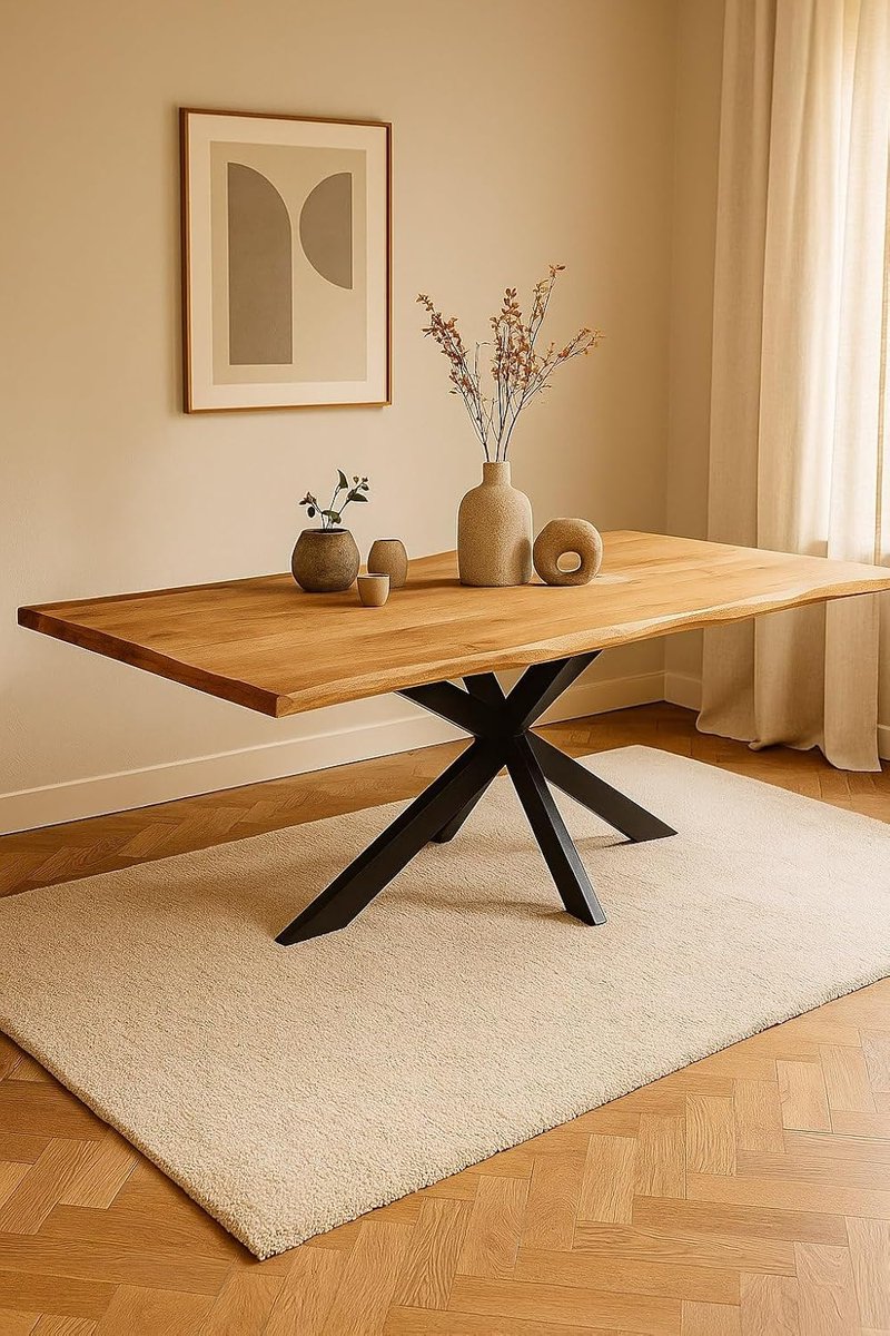 Home Rechthoekige Boomstam Eettafel 180 cm Mangohout – Zwart Metalen Matrix Onderstel – Industrieel – 6-8 Personen