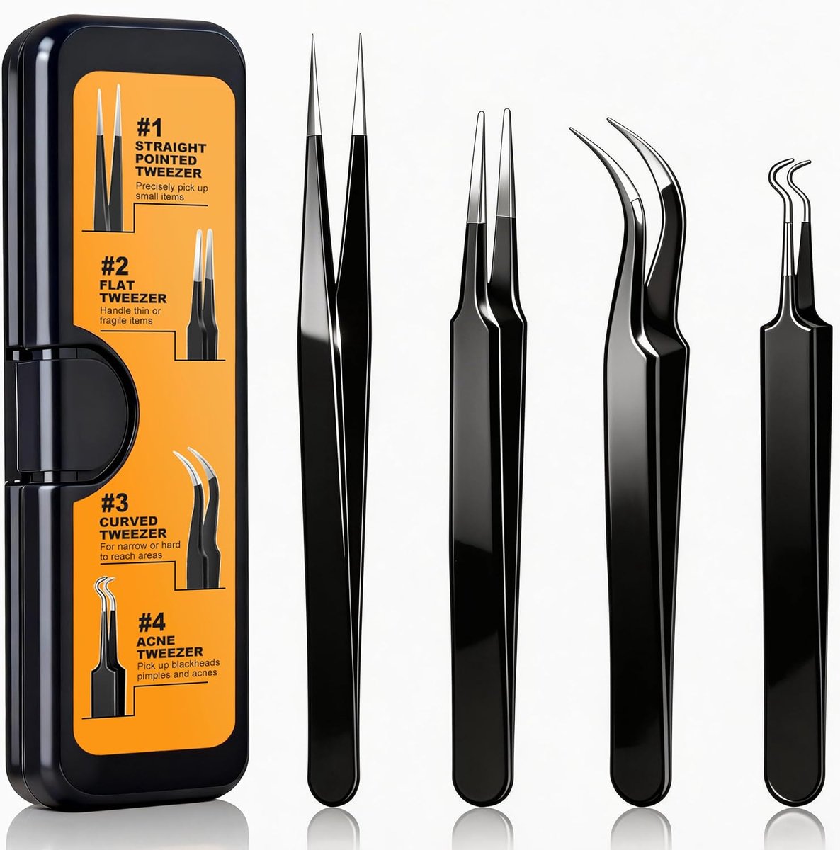 Pincetten voor mee-eters, ingegroeide haren, ambachten, elektronica, solderen, sieraden - gebogen en puntige pincet, met etui