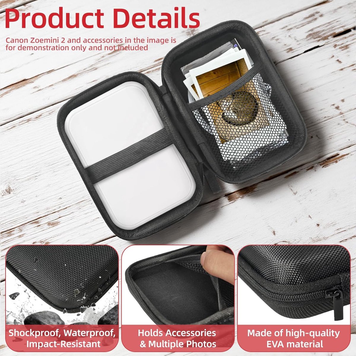 Tas voor Canon Zoemini 2 fotoprinter - hardcase klein voor Canon Zoemini 2/S2 fotopapier fotoprinter, harddiskhoes voor Toshiba Canvio WD Elements, mesh beschermhoes voor mini printer, zwart — cadeau in Cadeau-ideeën - foto 2