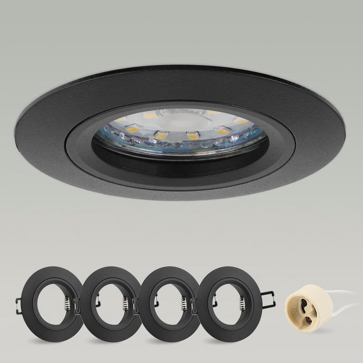 4 x inbouwspots GU10 aluminium, zwart, inbouwspot, montageframe met GU10-fitting, rond, plafondspot, 68 mm, extra plat, voor ledlampen, montagegat Ø 60-70 mm, 230 V