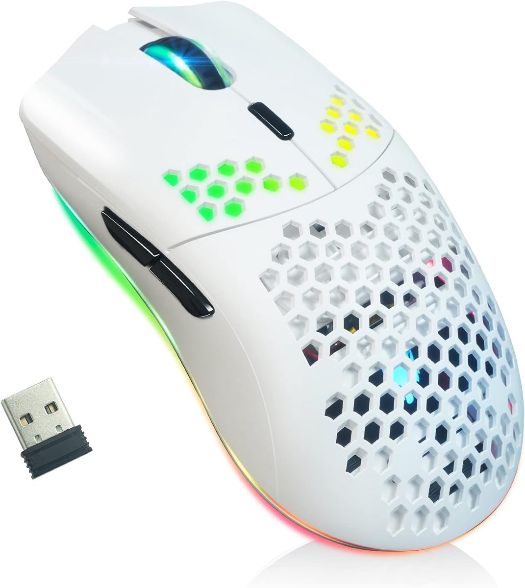 gamingmuis met honingraatstructuur, 11 achtergrondverlichting, RGB chroom, 3.400 dpi, 6 geprogrammeerde toetsen, USB-ontvanger, energiebesparend, draadloze muis voor pc/Mac/laptop
