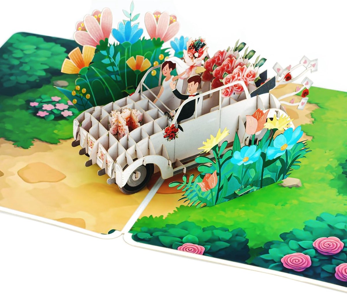 Pop-upkaart bruiloftsauto,Bruiloftskaart,3D Pop-Up Trouwkaart met Envelop,Trouwauto met Bruid en Bruidegom voor Bruid en Bruidegom, Jubileum, Koppels, Huwelijk - groen