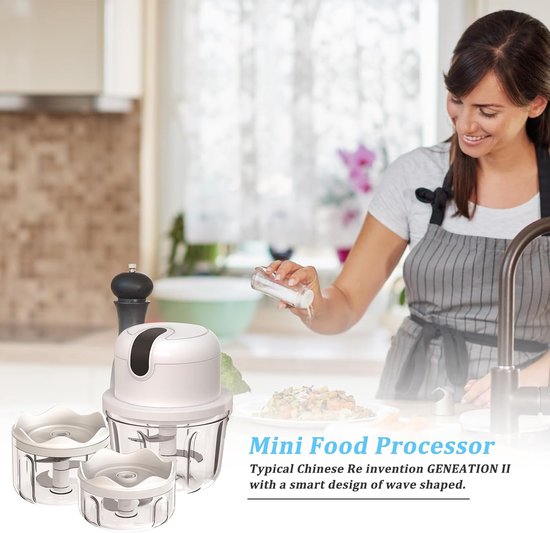Mini keukenmachine 100 ml, 250 ml, 300 ml, elektrische groentesnijder met 3 scherpe messen, multifunctionele knoflookpers voor groenten, fruit, vlees van MINI — afbeelding 2