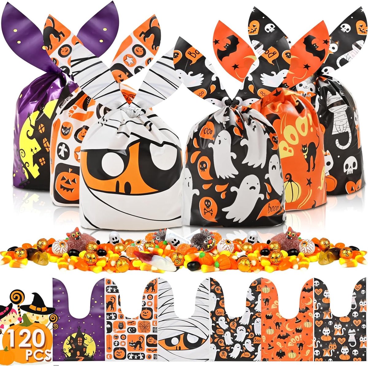 120 stuks Halloween traktatie snoepzakken, 6 ontwerpen goodie zakjes voor trick or treat kleine schattige konijnenoren snackzakken