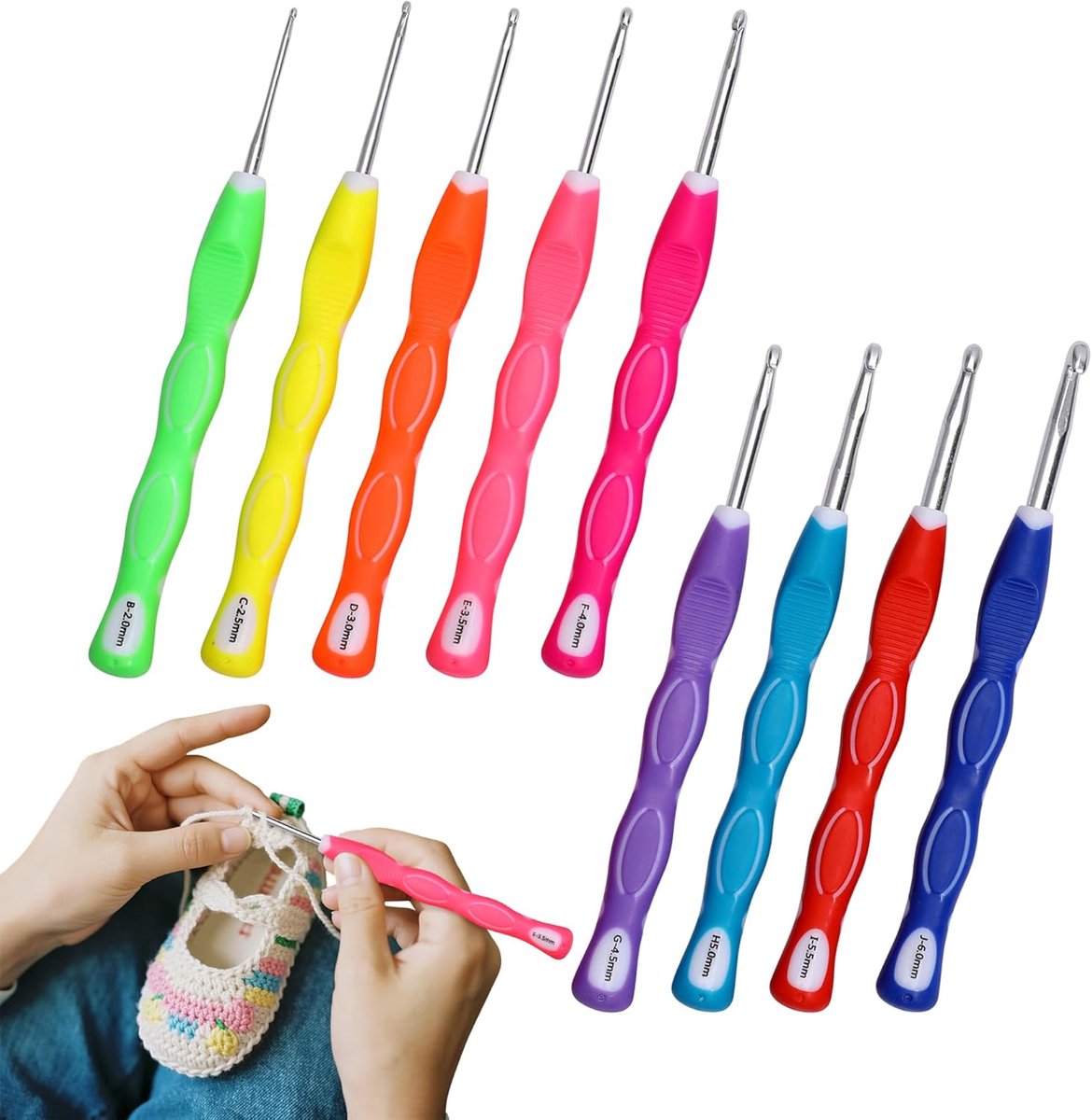Haaknaalden 9 stuks aluminium haaknaalden set ergonomische haaknaalden met zachte kunststof handgreep 2,0 mm - 6,0 mm kleurrijke haaknaalden set voor beginners en ervaren haakliefhebbers