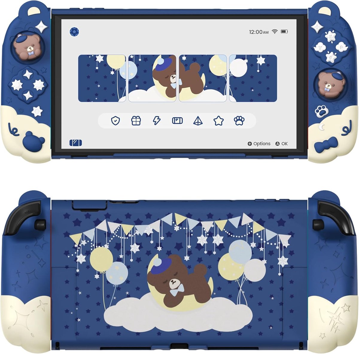 Good Night Bear Beschermhoes voor Nintendo Switch 2 (2025) - Siliconen Grip met PC Achterkant, Hoes met Opvouwbare Standaard en Joystickdoppen (Blauw)