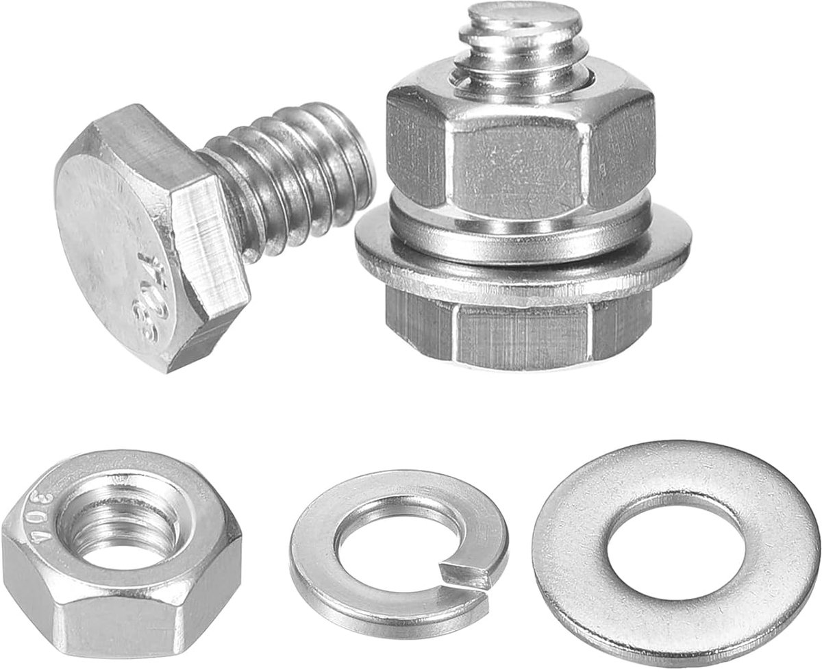 Zeskantmoeren en schroeven van roestvrij staal 304 1/4-20 x 3/8 inch met 1/4 inch moeren en sluitringen voor bouwwerkzaamheden, machinebouw, 5 stuks