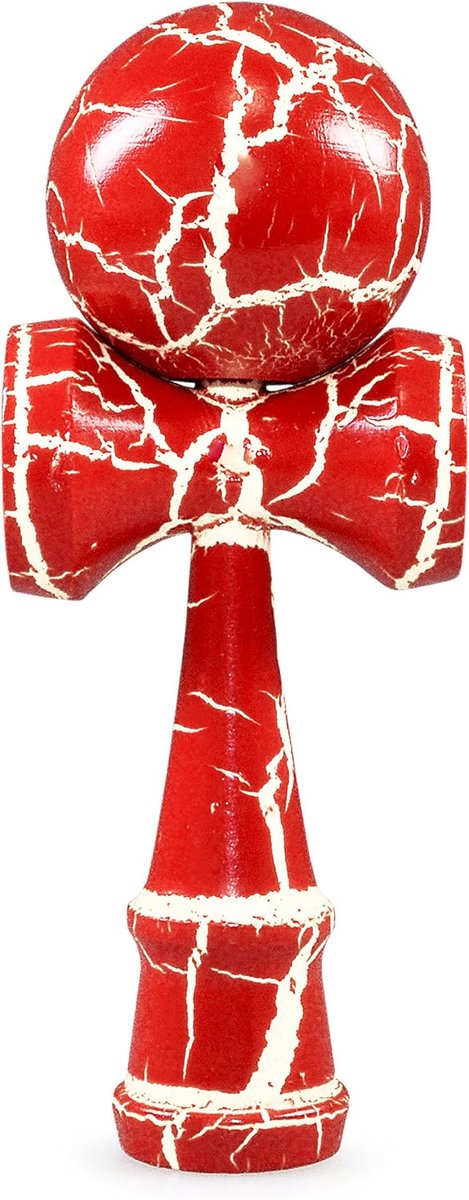 Kendama van beukenhout, rood wit, traditioneel Japans behendigheidsspel met bal, koord en 3 bekers, voor coördinatie, reactie en motorische uitdaging, specificaties: 16 cm, bal Ø 6 cm, 144 g