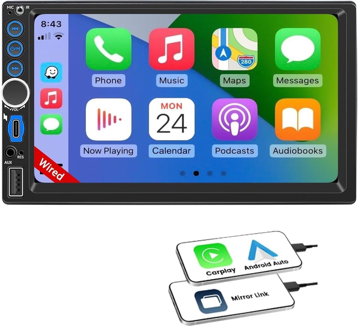 2-DIN Autoradio, CarPlay & Android Auto, Bluetooth-ontvanger met handsfree bellen, 7-inch HD-touchscreen, GPS-navigatie, spraakbediening, FM, Mirror Link, USB Type-C, SWC