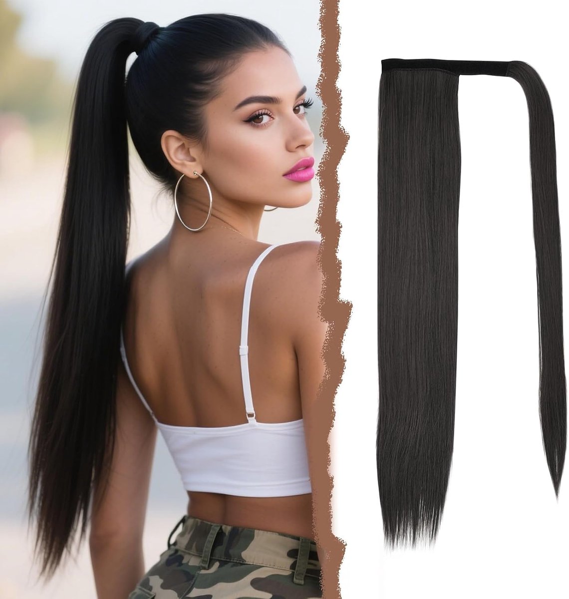 60 cm Lange Zwarte Rechte Paardenstaartverlenging, Haarextensies Clip in Paardenstaart, Nephaarwrappruik met Clip in Pony (Zwart)