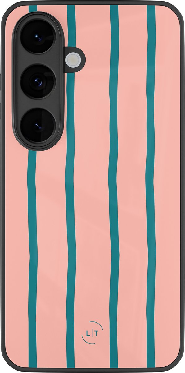Hoesje geschikt voor Samsung Galaxy S26 - Pink flow - Luxe Glazen Hardcase - Gestreept - Roze