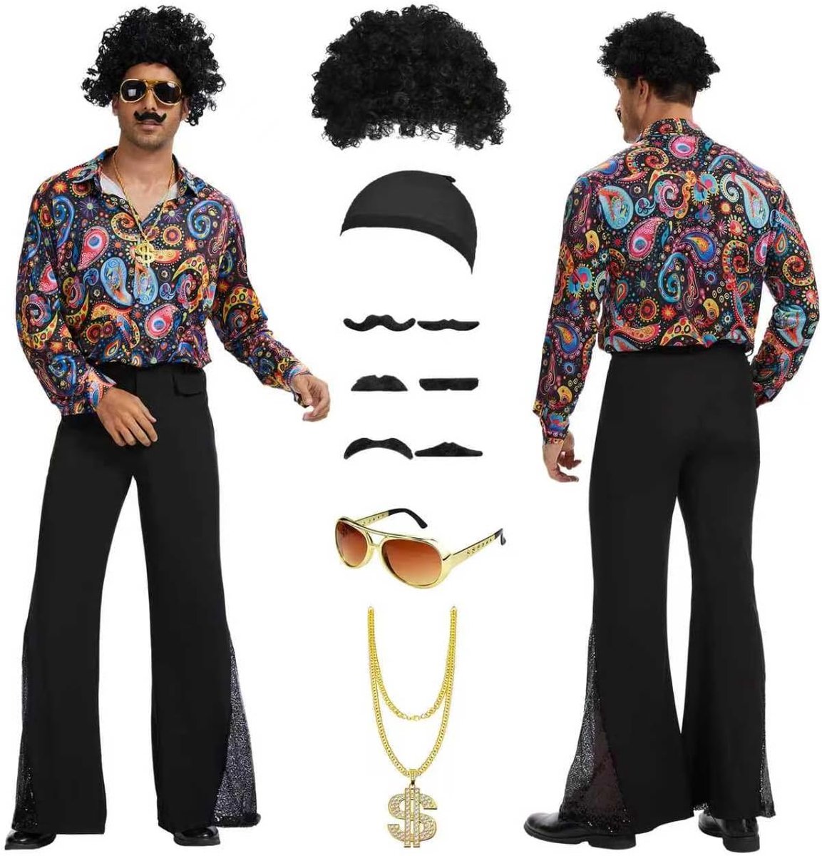 Discokostuum voor heren, jaren '70 hippie-outfit met afropruik en accessoires, jaren '70 retro partyhemd, jaren 80, disco, fancy jurk voor Halloween
