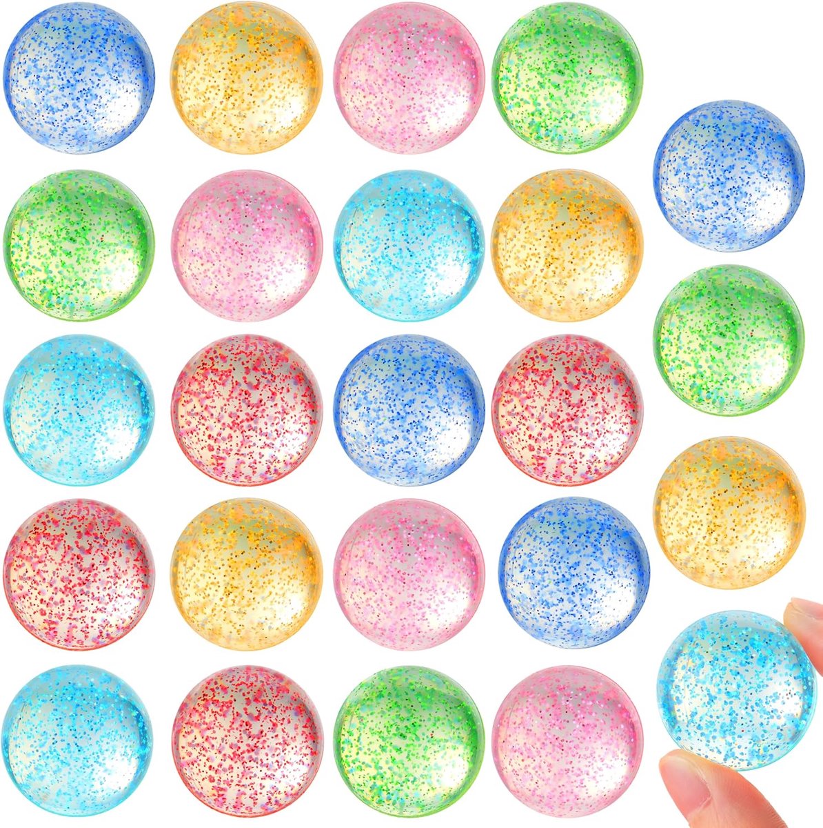24-delige glitterspringballen, 6 stijlen, 32 mm, kleurrijke springballen in grootverpakking met opbergzak, springspeelgoed voor kinderfeest, gastgeschenken, verjaardagscadeaus