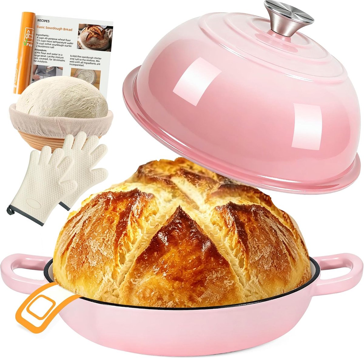 Gietijzeren Broodpannen voor Brood,5,7L Braadpan van Emaille Gietijzer | 26cm Dutch Oven met Deksel,Geëmailleerde Stoofpan met Rijsmand,Gietijzeren Stoofpan voor Keuken,Bakken,Stoven & Braden (Roze)