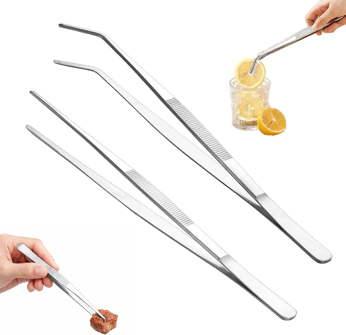 Set van 2 extra lange roestvrijstalen keukenpincet, 30 cm, voedseltang, keukentang voor chef-kok, serveren van eten, grillen, culinair, pasta, salade, barbecue