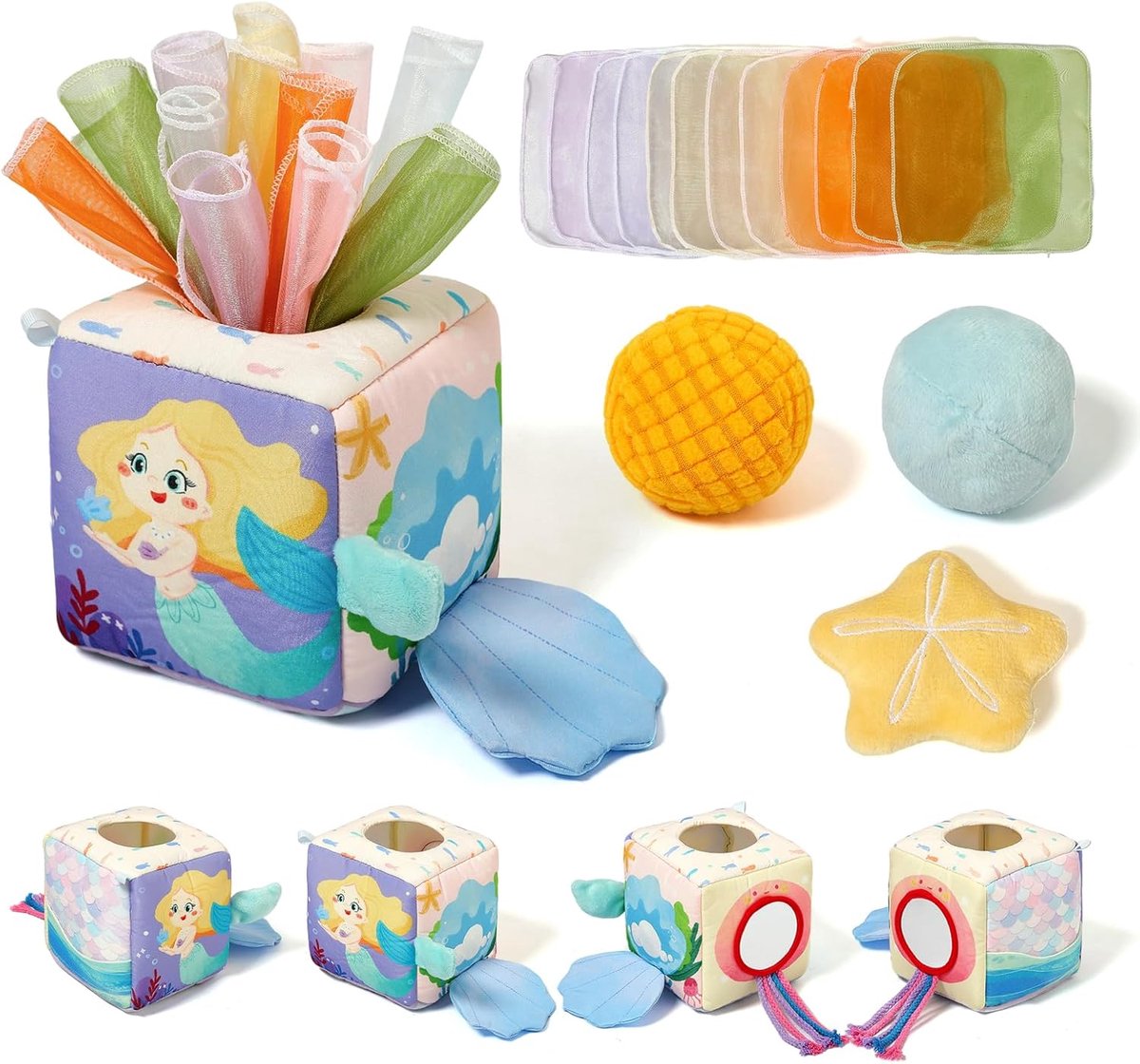 TEETHER Babydoekjesbox Speelgoed - Montessori Sensorisch & Motorisch Speelgoed 6-12 Maanden - Hoog Contrast & Knisterend - Vroeg Leren Cadeau voor Jongens & Meisjes (Zeemeerminnen)