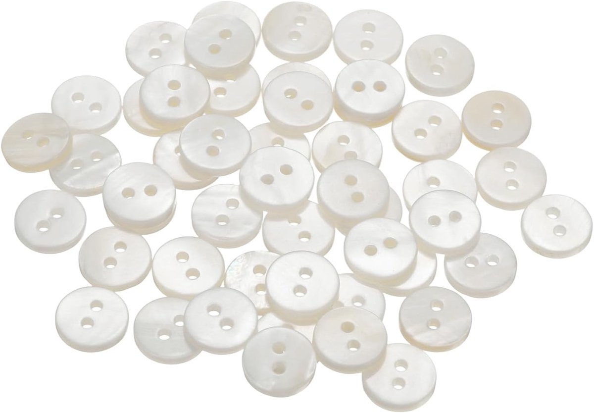 Knopen, 2 gat 10 mm ronde platte schelpknopen voor overhemden, jassen, pakken, jassen, jeans, rokken, doe-het-zelf, naaien, handwerk, wit