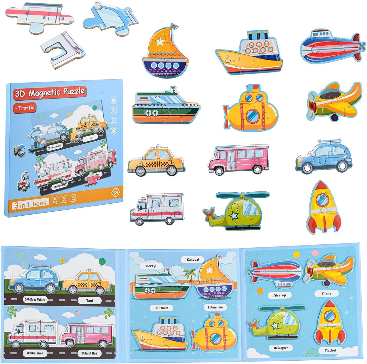 Magneetpuzzel met 60 stuks herbruikbare stickers voor kinderen, 51 delen, verkeerspuzzels, 3-in-1 kleuteronderwijs, leren, reizen, speelgoed, auto, luchtactiviteit