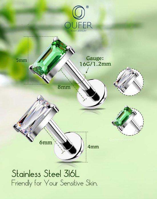 16G Sieraden Helix Zonder Draad Chirurgisch Staal 316L Oorpiercing Kraakbeen Transparant/Groen Rechthoek CZ Oorbel Tragus Lip Stud voor Vrouwen 6/8 mm — afbeelding 3