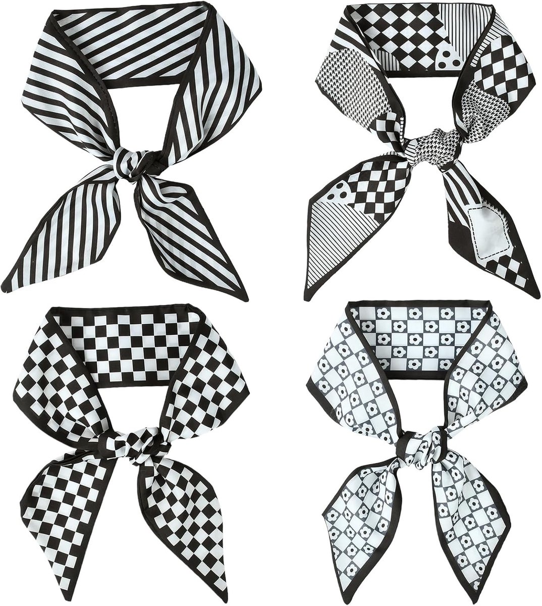 Hoofddoeken voor dames, 4 stuks zaksjaal, halsdoek van zijde, smalle lange sjaal, sjaal, accessoire voor tassen, haar, cadeau
