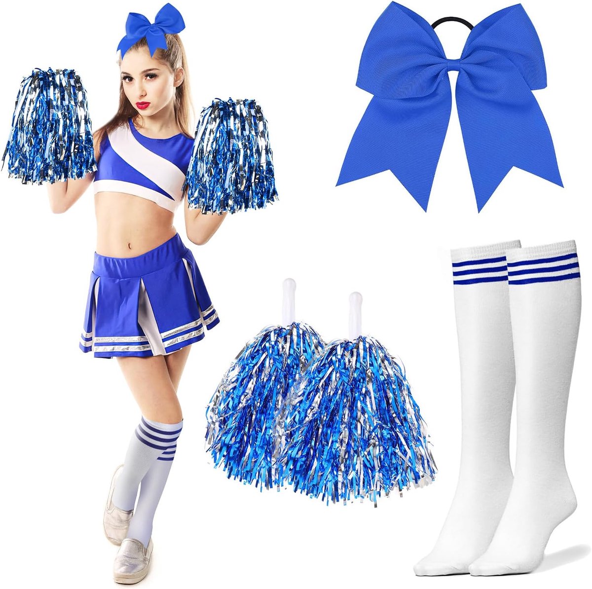 Blauw Wit Cheerleader Kostuum Accessoires Voor Kinderen Meisjes Vrouw, Cheerleader Poms Poms Kousen Boog Haar Touw Voor Halloween Carnaval Cosplay Accessoires
