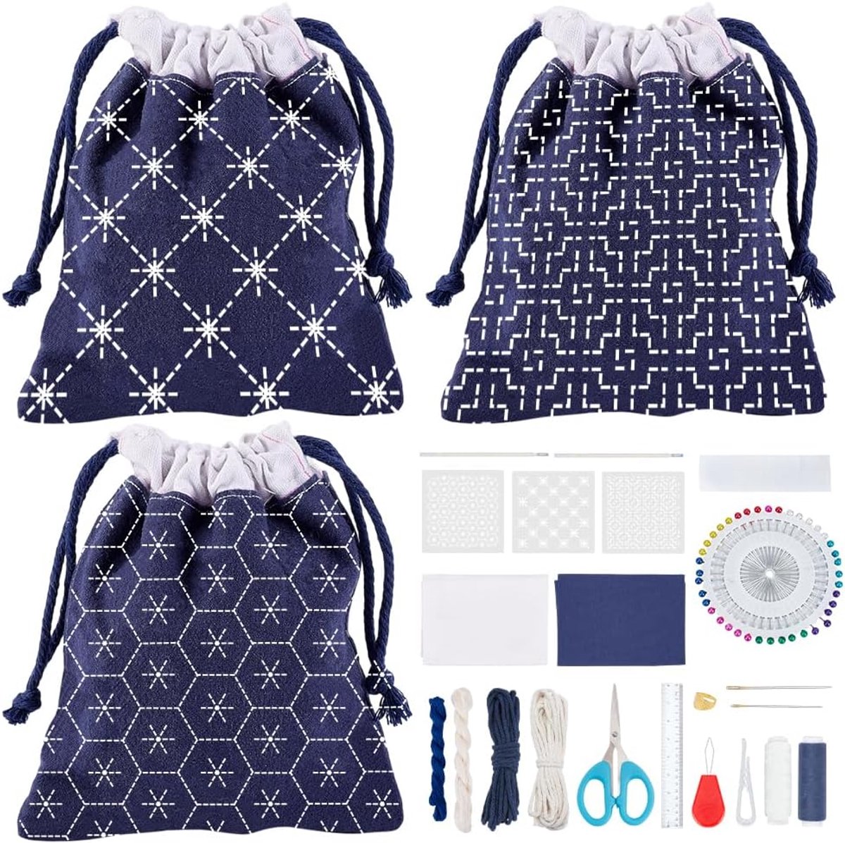 3 Set Sashiko Trekkoord Tas Kit met Instructie voor Beginners Volwassenen Gemakkelijk Sashiko Kit met Sashiko Stencil Japanse Sashiko Borduurtas DIY Naaien Tas Geschenken voor Vrienden Moeders