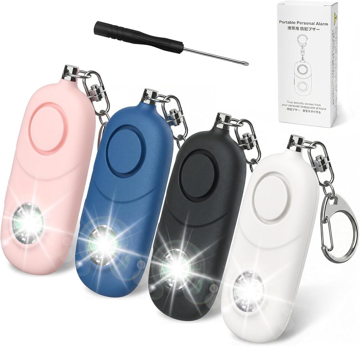 135 dB 4 persoonlijke alarmsleutelhanger met stroboscooplicht, luide sirene voor veiligheidsalarmen voor vrouwen, kinderen, studenten, senioren, noodzelfverdediging, nachtsport