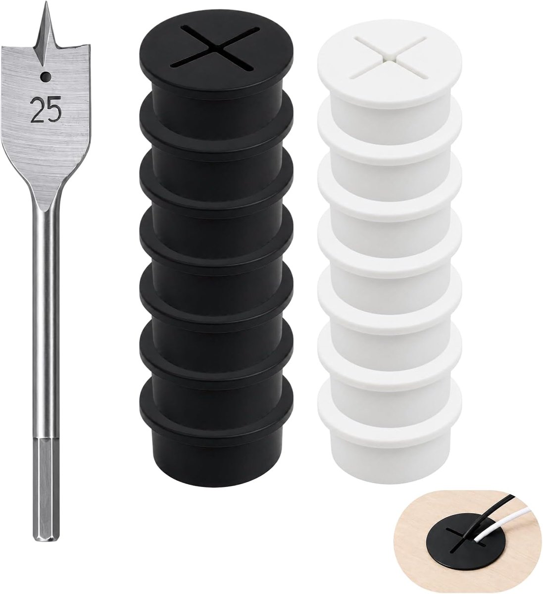 14 stuks kabeldoorvoer bureau 25 mm siliconen flexibele set, kabeldoorvoer tafel kabeldoorvoer wit zwart met boor, kabelgatafdekking, kantoor computer orde