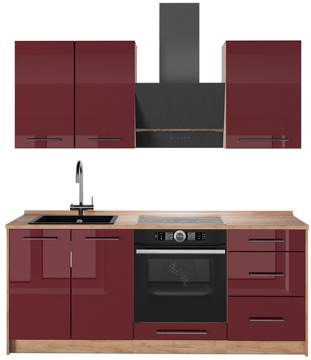 Vicco Eenpersoonskeuken Fame-Line, Bordeauxrode hoogglans/Goudkleurig Eiken, 190 cm, WB Eik