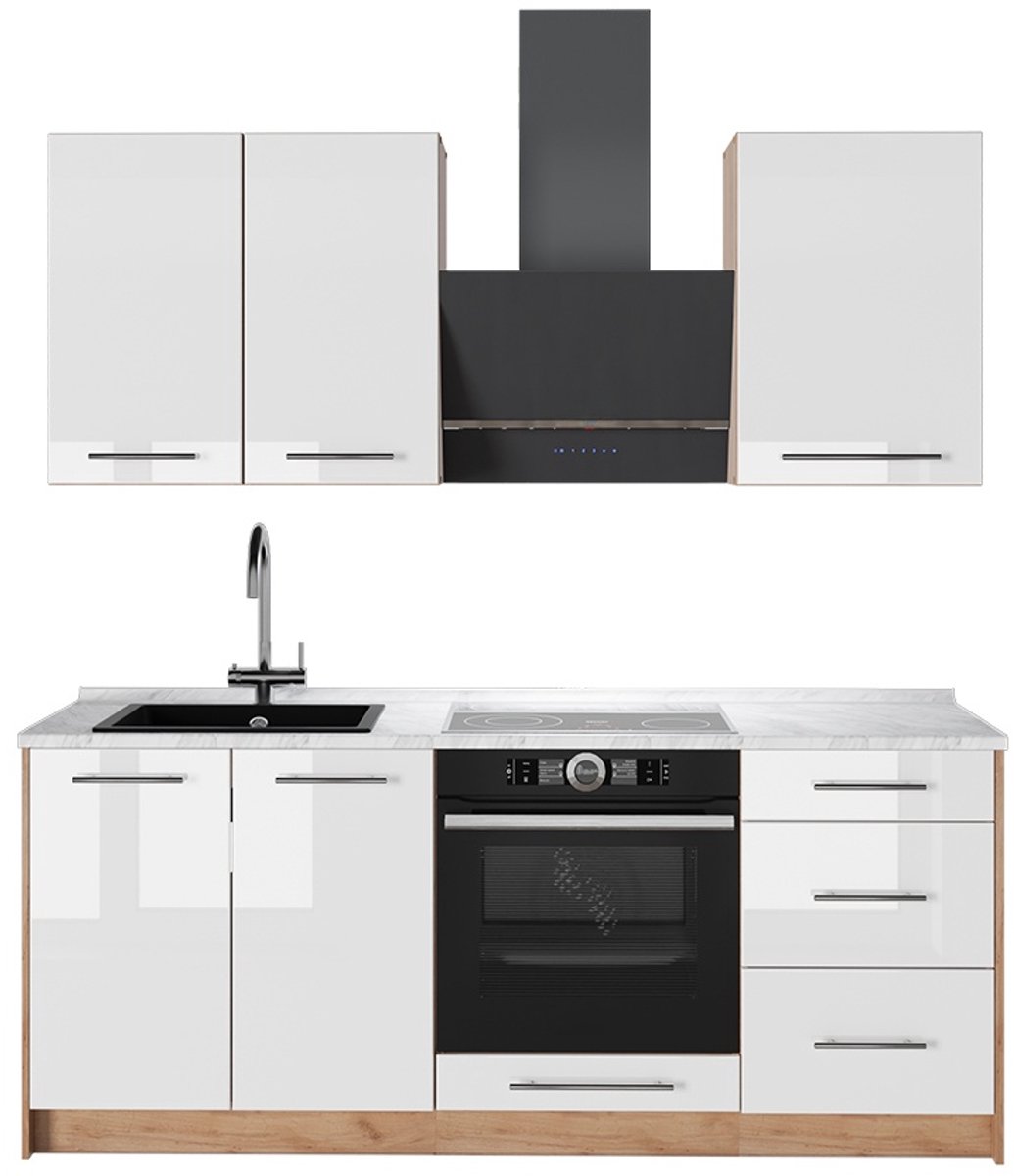 Vicco Eenpersoonskeuken Fame-Line, Wit Hoogglans/Goudkleurig Eiken, 190 cm, WB Marmer