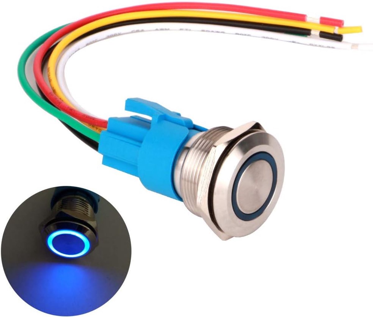 0.87 inch/22mm Roestvrijstalen Kortstondige Drukknop 230V AC 5A LED 1NO1NC SPDT AAN-UIT Waterdichte Drukknop met Draadstekker(Blauwe LED)