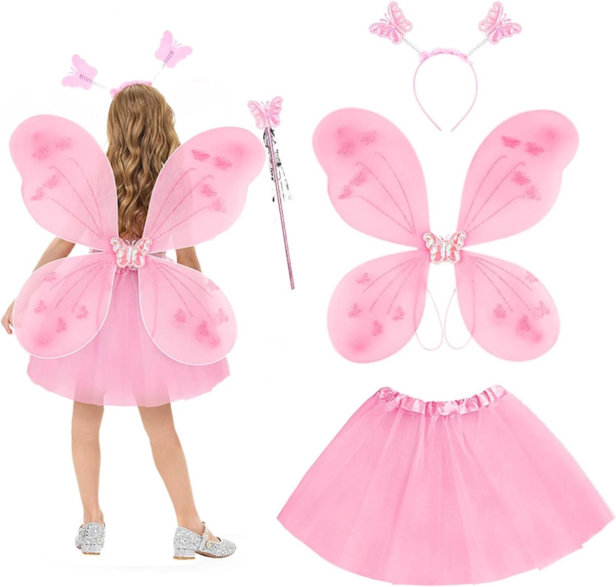 4-delig meisjeskostuum, vleugels, toverstaf, hoofdband en tutu, prinsessenkostuum voor kinderen, meisjes, carnaval, party