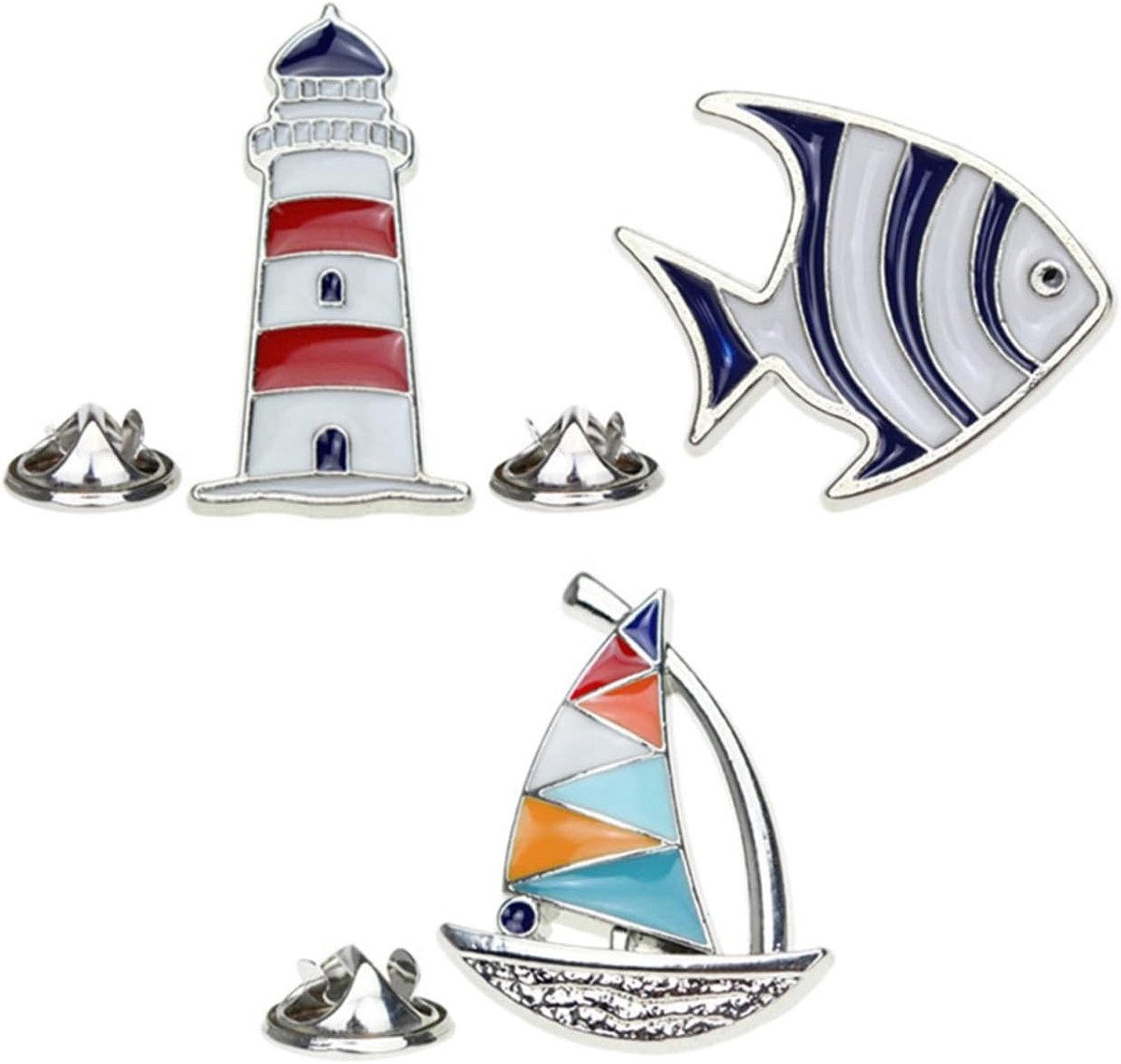 3 stuks nautische emaille reversspeldjes vis zeilboot vuurtoren broche pennen kust nautisch strandfeest gunstig