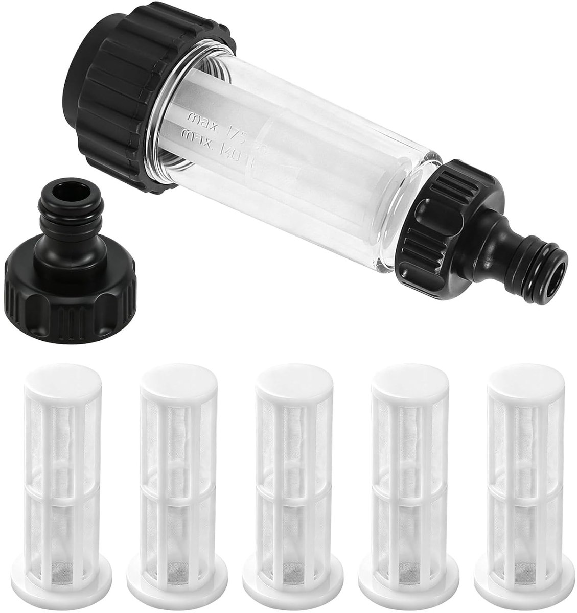 Waterfilter voor tuinslang, 3/4 inch voorfilter waterfilterset met 5 filterinzetstukken + 2 snelkoppelingen voor hogedrukreiniger camper tuinpomp