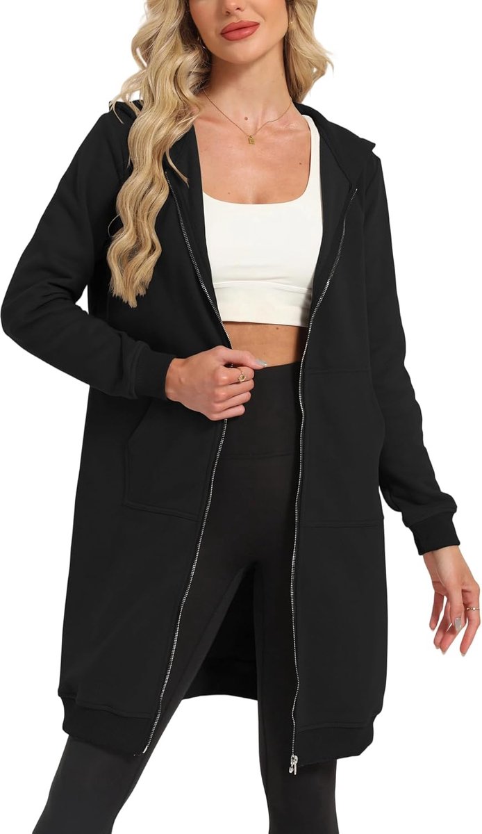 Lange damesjas met capuchon, zacht en los sweatjack, effen, ritssluiting, hoodie, oversized, warm, sweatshirt, jas, capuchon met zakken