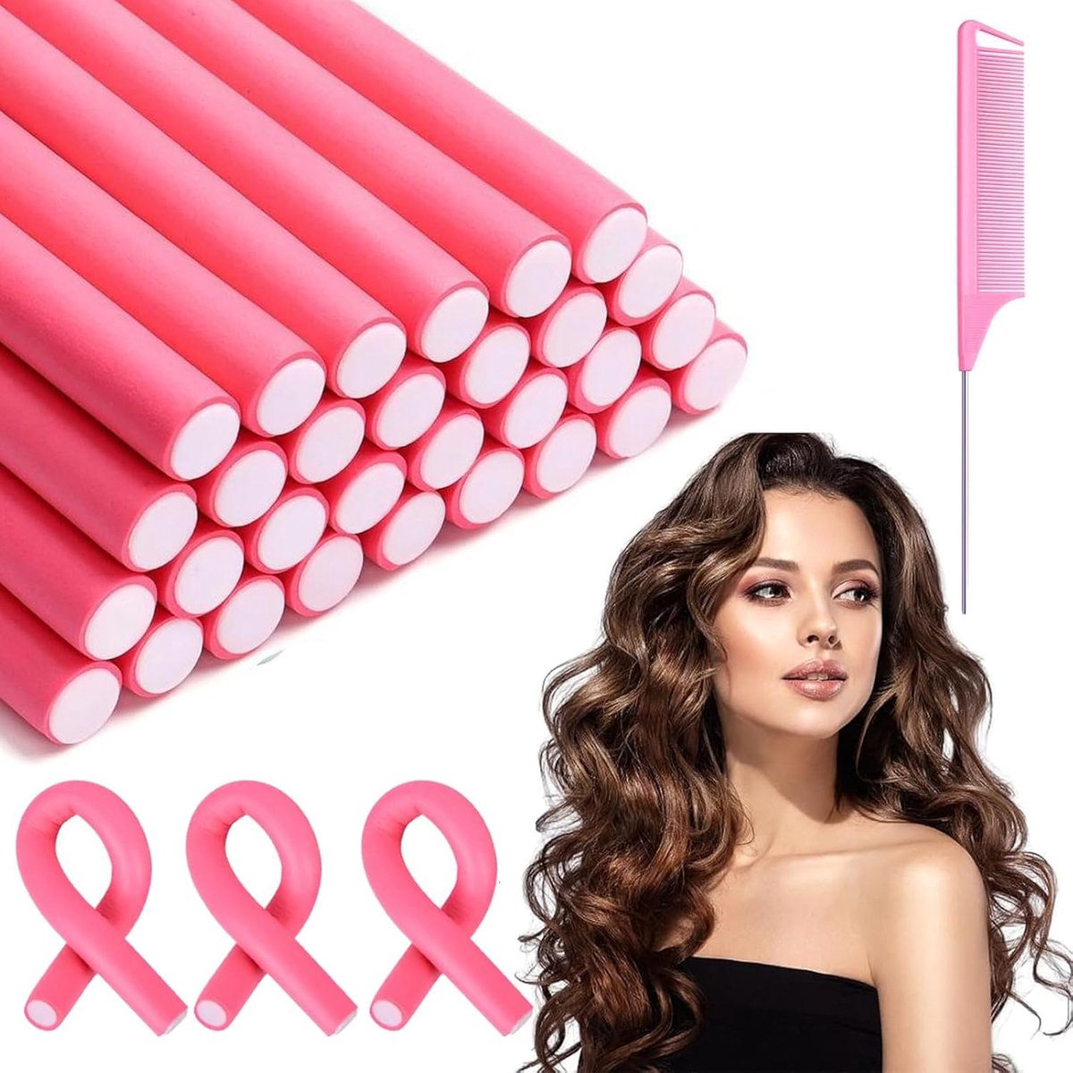 Krullen zonder hitte, 30 stuks, flexibele krultang, 240 mm | met diameter Ø 14 mm, twist schuim krulspelden, overnight curls lang haar kapsel design (roze)