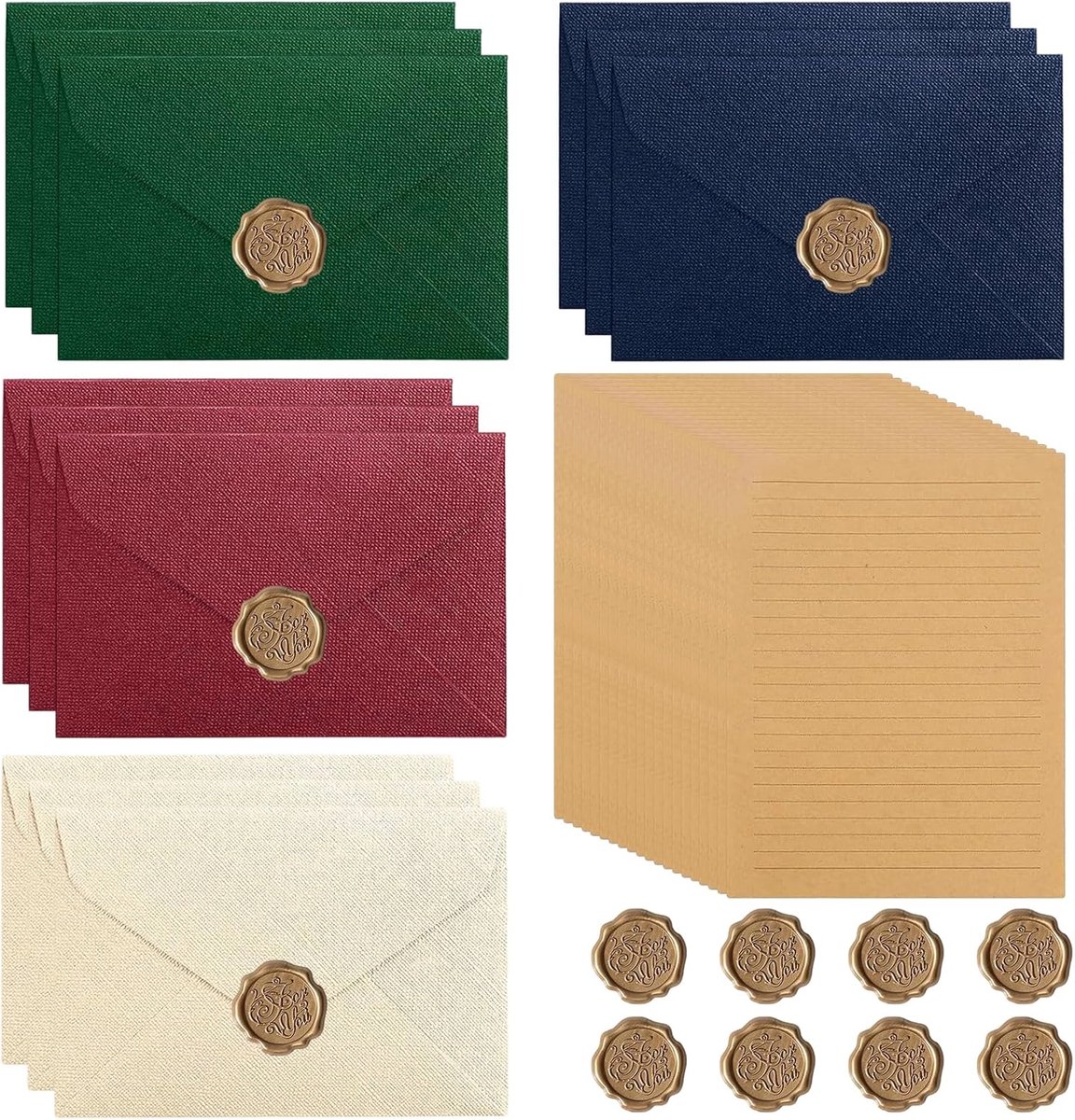 Briefpapier met envelopset, 20 vintage briefpapier met 12 enveloppen en waszegel, A5 briefpapier, vintage papier, mooi gelinieerd papier voor bruiloft, uitnodiging, liefdesbrief, w