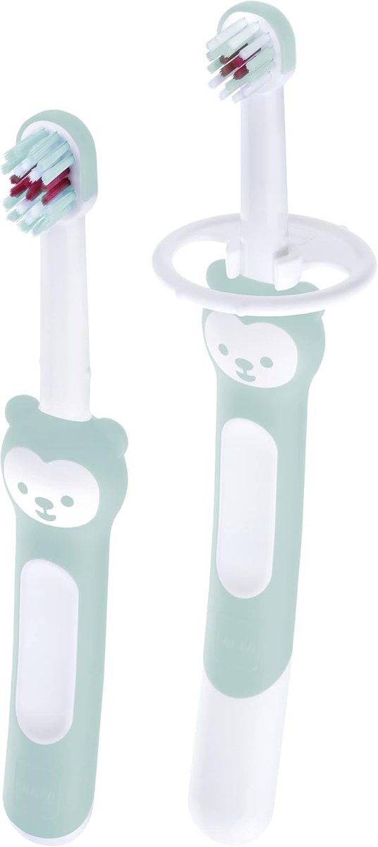 Learn to Brush Set, babytandenborstel met lang handvat om bij elkaar te houden, kindertandenborstel leert kinderen tandenpoetsen, 5+ maanden, turkoois
