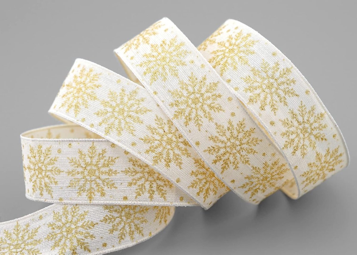 20 m x 25 mm Dekoband ADAM crème goud sneeuwvlokken cadeaulint met draadranden, lint decoratieve glans glanzende band Kerstmis sneeuwvlokken knutselen draad glitter winter