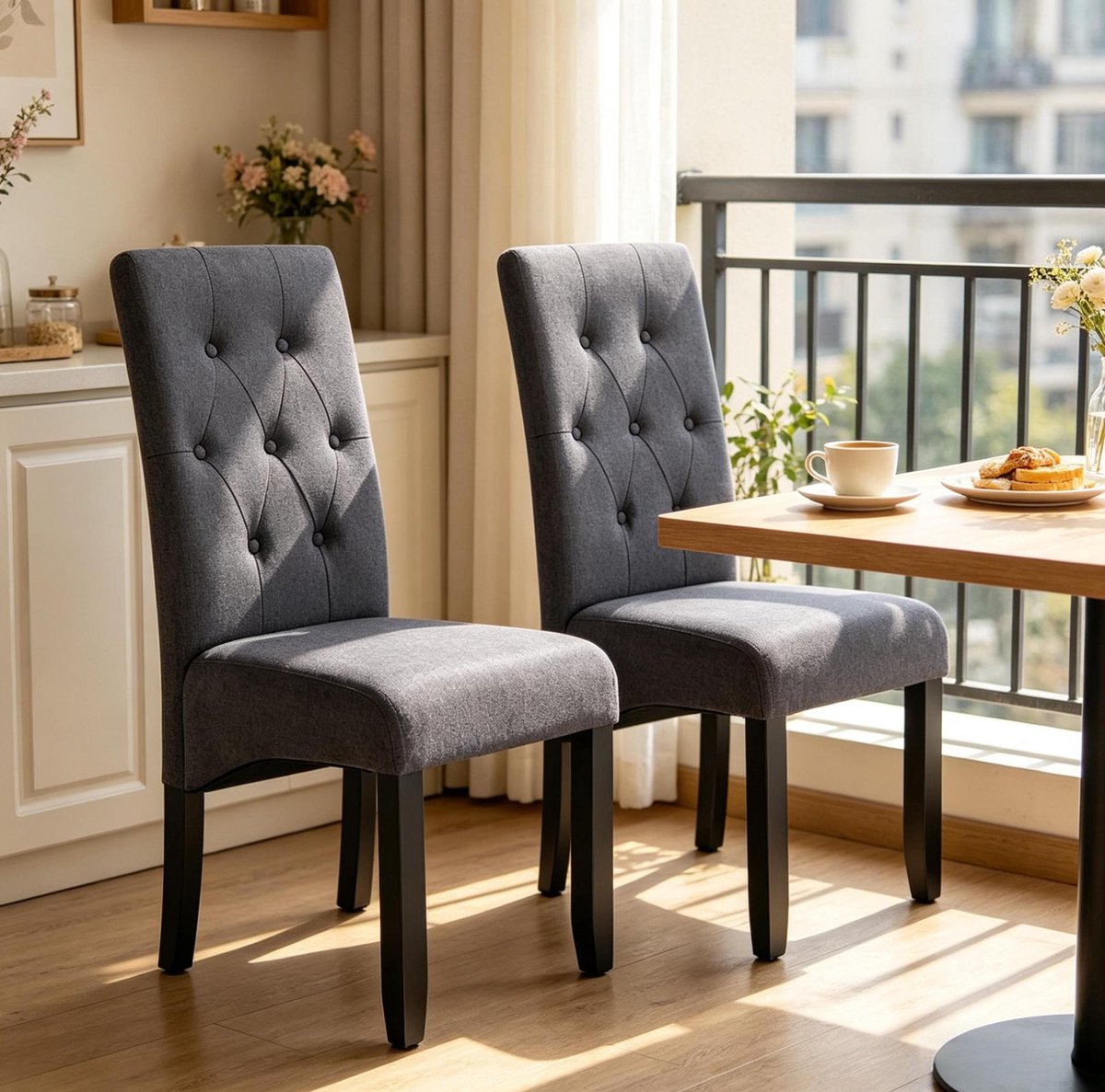 MIVRAY Eetkamerstoel Zithoogte 48 Cm - Hoge Rugleuning Met Knopen - Set Van 2 - Voor Eetkamer, Woonkamer En Slaapkamer - Stof En Houten Poten - Donkergrijs