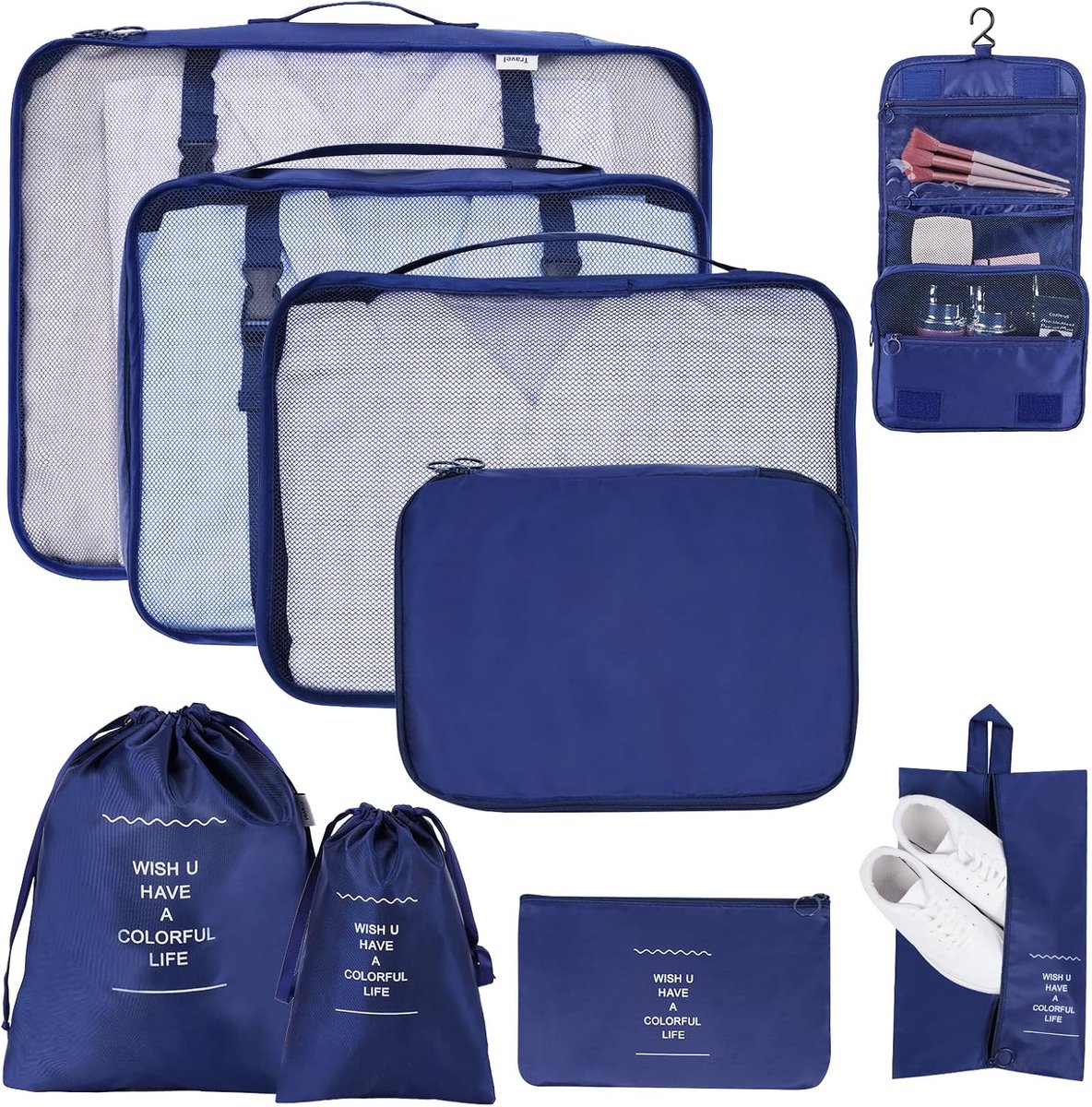 9-delig, verpakking kubussen voor koffer, vakantie en reizen, kofferorganizer, kledingtassen voor kleding, schoenen, ondergoed, cosmetica, donkerblauw, 32x23x12 cm