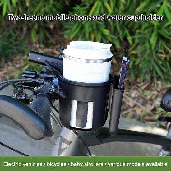 Bekerhouder Fiets - 2-in-1 bekerhouder en telefoonhouder - Fleshouder fiets - Zwart - 10 cm hoog - voor fiets, wandelwagen, rollator en scooter — afbeelding 4