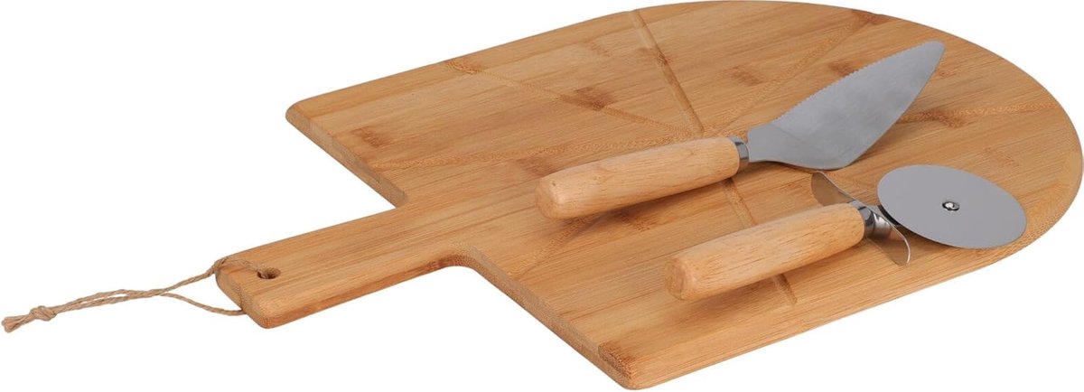 Pizza set Bamboe - Pizzaplank 43 x 30 cm, Pizzasnijder & Pizzames